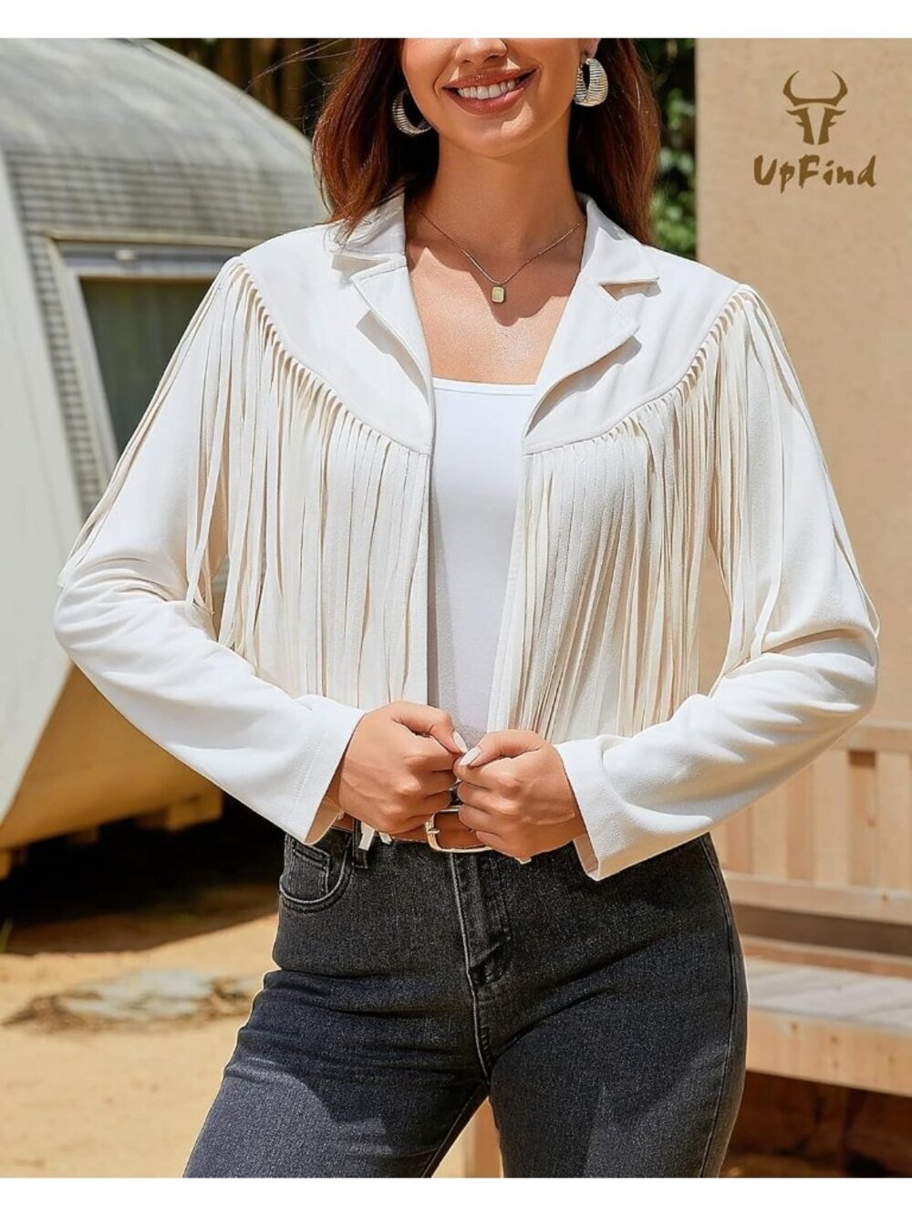Women's Beige Fringe Faux Suede Leather Jackets Fashion Fall Western Tassel - Picture 3 of 6